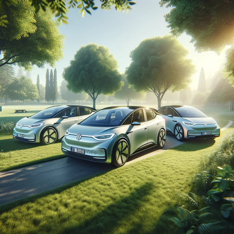 DALL·E 2023 12 22 14.42.28 Create A Photorealistic Image Of Three Volkswagen ID3 Cars And One Volkswagen ID5 Car In A Small Park Setting To Showcase An EV Fleet. The Composition